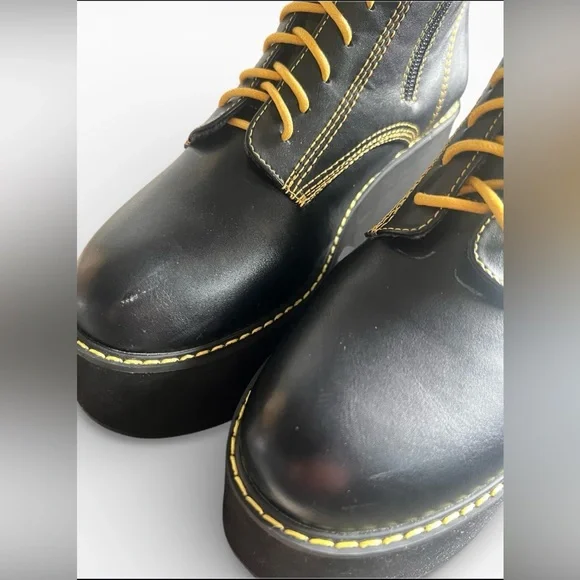 Nasty Gal Black Platform Lace-Up Boots with Yellow Stitching and Laces - Picture 7 of 8